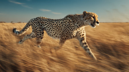 Cheetah running at high speed across golden savanna grassland in motion blur, showcasing nature's fastest land predator hunting in African wilderness habitat.の素材