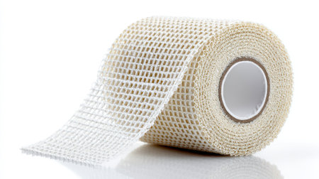 Medical mesh bandage roll unwinding on white background, elastic gauze wrap for first aid, wound care, sports injury treatment, and healthcare applications.の素材