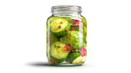 Homemade fermented pickles with dill, peppercorns, and pink flowers in glass jar on white background. Traditional vegetable preservation and probiotic food concept.の素材