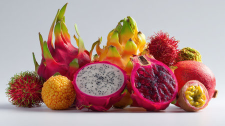 Exotic tropical fruits collection featuring dragon fruit, rambutan, lychee, and passion fruit displayed on white background. Vibrant colors showcase fresh organic produce for healthy eating concepts.の素材