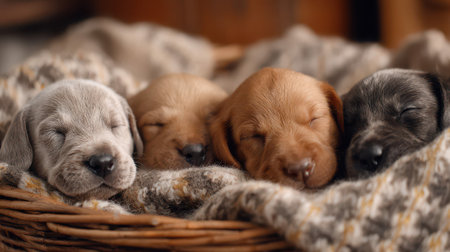 Adorable newborn puppies sleeping peacefully in wicker basket with soft blankets, showcasing different coat colors and breeds in cozy home setting.の素材