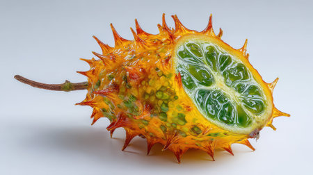 Exotic spiky orange kiwano horned melon cut in half showing vibrant green jelly interior with seeds on neutral background for food and nutrition themes.の素材