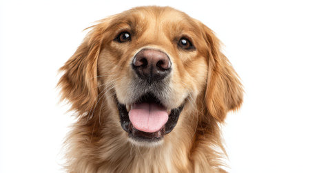 Happy golden retriever dog portrait with tongue out and friendly expression on white background, perfect for pet care and animal wellness concepts.の素材