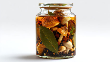 Preserved wild mushrooms with bay leaves and peppercorns in glass jar. Traditional homemade pickling and food preservation concept for pantry storage and seasonal harvest conservation.の素材