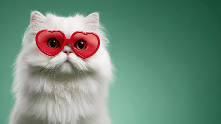Adorable fluffy white Persian cat wearing red heart-shaped sunglasses on turquoise background creating playful romantic mood for Valentine's Day concept.の素材