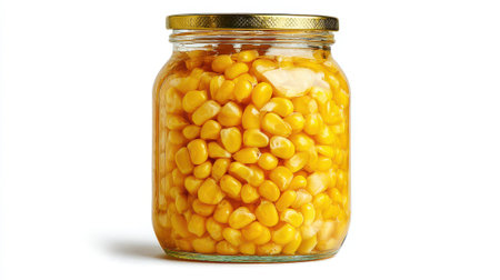 Glass jar filled with golden sweet corn kernels preserved in liquid for canning and food storage concept on white background.の素材