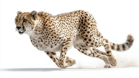 Majestic cheetah running at full speed captured in stunning detail, showcasing powerful athletic movement and distinctive spotted coat pattern on white background.の素材