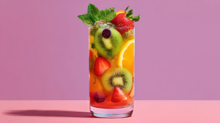 Vibrant fruit punch cocktail with fresh kiwi strawberries and mint garnish in tall glass, colorful refreshing summer beverage on pink background.の素材