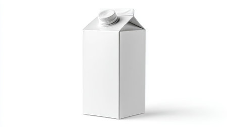 Blank white milk or juice carton package with screw cap on clean background, minimalist dairy product container mockup for branding and design.の素材