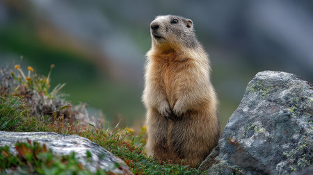 Alert marmot standing upright on mountain rocks with blurred natural background, showcasing wildlife behavior in alpine habitat.の素材