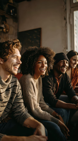 Happy diverse friends sitting together laughing in warm lit interior space, capturing authentic moments of joy, friendship and multicultural social bonding among young adults.の素材