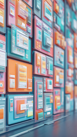 Colorful abstract digital screens and windows arranged in layered perspective representing modern user interface design and information technology architecture visualization concept.の素材