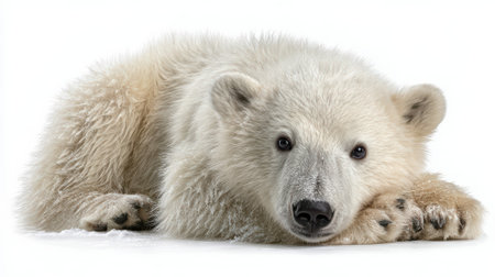 Adorable polar bear cub lying down with fluffy white fur and dark eyes gazing forward on clean white background, perfect for wildlife conservation projects.の素材