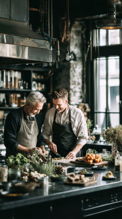 Two generations of men cooking together in modern industrial kitchen with dark green walls, preparing fresh ingredients under vintage pendant lights and natural window light.の素材