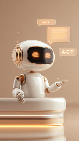 Friendly white and gold robot assistant with glowing display presenting information through speech bubbles on warm beige background, representing artificial intelligence communication.の素材
