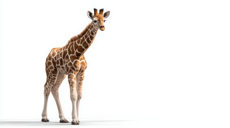 Adorable baby giraffe standing on white background with distinctive brown spotted pattern, showcasing long neck and legs in full body portrait.の素材