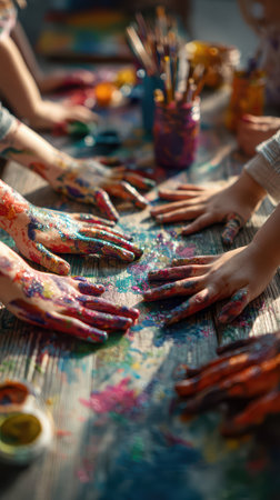 Colorful hands of children creating vibrant art together on wooden table with paint, brushes and creative mess during fun painting activity at home or school.の素材