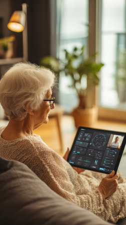 Elderly woman using tablet for remote telemedicine consultation with brain monitoring interface at home, modern healthcare technology for seniors.の素材