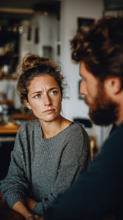 Serious young woman with concerned expression looking at partner during difficult conversation in home kitchen representing relationship conflict and communication.の素材