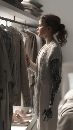 Young woman with prosthetic robotic arm choosing clothes from minimalist wardrobe rack in modern neutral bedroom interior with soft natural lighting.の素材