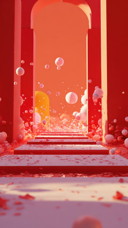 Abstract red and orange portal archway with floating bubbles and scattered petals leading to glowing entrance, perfect for product display or presentation backdrop.の素材