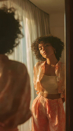 Young woman with curly hair in peach loungewear admiring reflection near sunlit window, warm golden hour lighting, self-care beauty lifestyle moment.の素材