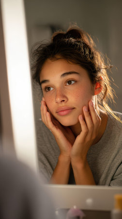 Fresh-faced teenage girl with freckles touching face while looking at laptop screen, natural beauty skincare routine morning ritual in soft window light.の素材