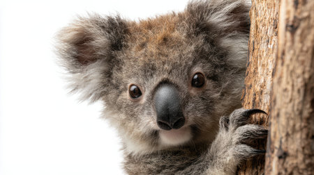 Adorable baby koala clinging to eucalyptus tree branch with fluffy grey fur and curious expression in natural wildlife portrait.の素材