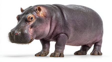Realistic hippopotamus figurine with detailed textured skin and pink undertones isolated on white background studio product photograph.の素材
