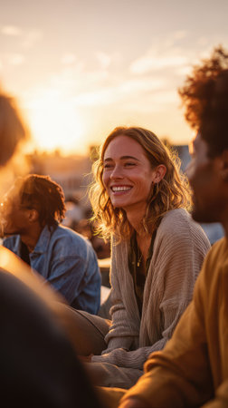 Radiant woman laughing with friends during golden hour rooftop gathering, enjoying warm sunset light and authentic social connection moments together.の素材