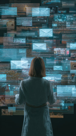 Professional woman viewing multiple digital email envelopes and data screens in futuristic virtual workspace representing communication technology and information management.の素材