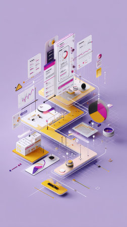 Isometric illustration of mobile app development ecosystem with layered interface screens, data visualization charts and colorful workspace elements on purple background for technology presentation.の素材