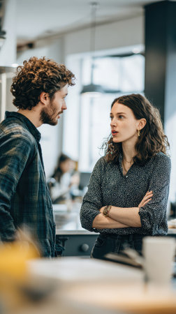 Serious couple having difficult conversation and relationship conflict at home, woman with crossed arms showing defensive body language during argument.の素材
