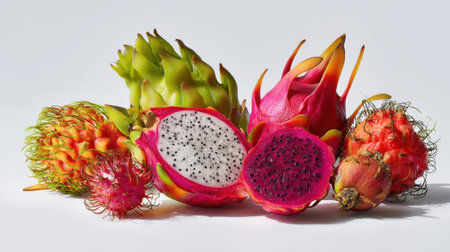 Vibrant assortment of exotic tropical fruits including dragon fruit, rambutan and yellow pitaya displayed on white background, showcasing colorful flesh and distinctive textures.の素材