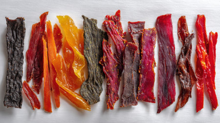 Colorful assortment of dried meat jerky strips in various flavors arranged on white marble surface, showing texture and vibrant colors from natural ingredients and seasonings.の素材