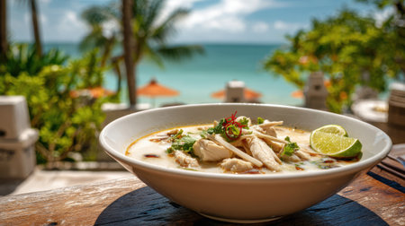Creamy coconut chicken soup with vegetables and herbs served in elegant white bowl on outdoor terrace with blurred tropical background. Fresh Asian cuisine dish.の素材