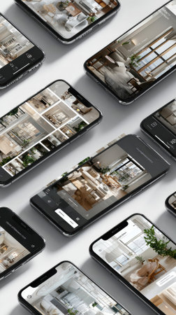 Multiple smartphones displaying interior design and home decor app interface. Modern real estate or architecture application with room visualization. Mobile technology for property browsing concept.の素材
