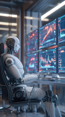 Sophisticated humanoid robot analyzing financial data on multiple glowing screens in modern trading office demonstrating artificial intelligence in business analytics.の素材
