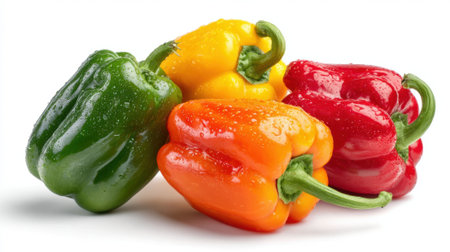 Colorful fresh bell peppers in red, yellow, orange and green with water droplets on white background, healthy organic vegetables.の素材