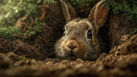 Wild rabbit peeking from underground burrow surrounded by moss and forest soil with curious expression and alert eyes in natural woodland habitat.の素材