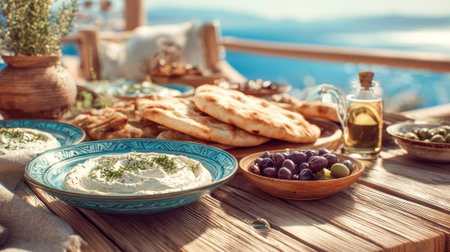 Mediterranean mezze spread with creamy tzatziki, fresh pita bread, olives and olive oil on wooden table overlooking azure sea coastline.の素材