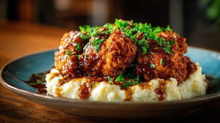 Crispy fried chicken with rich gravy sauce over creamy mashed potatoes, garnished with fresh parsley on rustic plate, classic comfort food.の素材