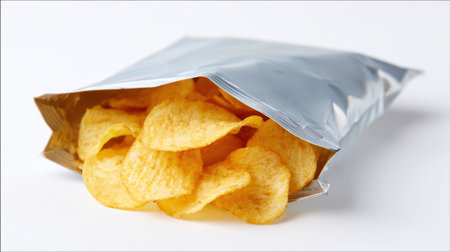 Golden potato chips spilling from silver foil bag isolated on white background, crunchy snack food for entertaining and casual eating.の素材