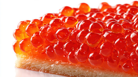 Bright red salmon caviar close-up on crispy toast, glistening spheres creating luxurious appetizer presentation on white background with warm lighting effects.の素材