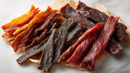 Colorful assortment of dried meat jerky strips in various flavors arranged on parchment paper, showcasing artisanal protein snacks with natural ingredients.の素材