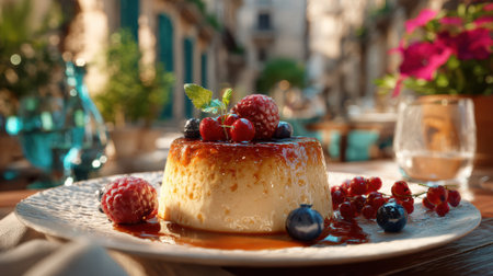 Elegant caramel flan dessert topped with fresh berries and mint garnish on decorative plate in Mediterranean restaurant setting with natural lighting.の素材