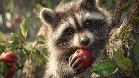 Curious raccoon holding red apple in paws while perched on mossy tree branch in garden, adorable masked mammal with fluffy fur eating fruit outdoors.の素材