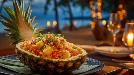 Tropical pineapple fried rice served in hollowed fruit shell with vegetables and herbs on elegant restaurant table with candles and ocean view at sunset.の素材