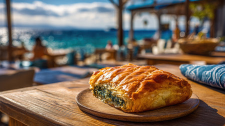 Golden flaky spinach phyllo pastry on wooden board at beachfront cafe with blurred ocean background, traditional Mediterranean savory pie presentation.の素材