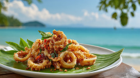 Crispy fried calamari rings garnished with chili flakes and basil on banana leaf, served at tropical beachside restaurant with turquoise ocean view backdrop.の素材
